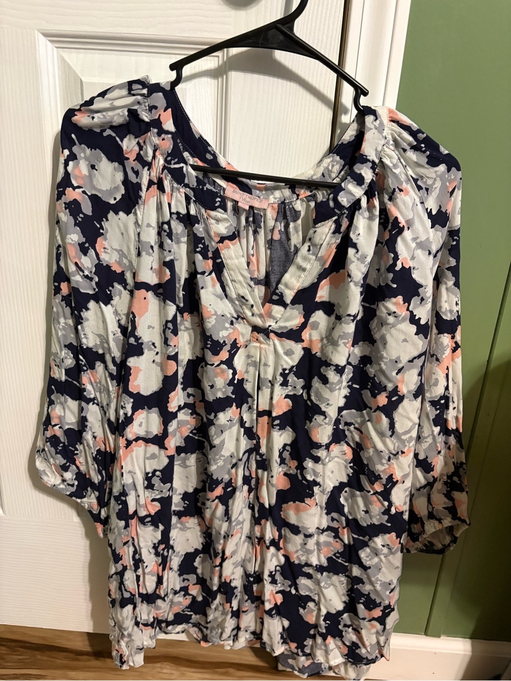 Saint Tropez West Navy Floral Peasant Blouse with Pink & White Accents